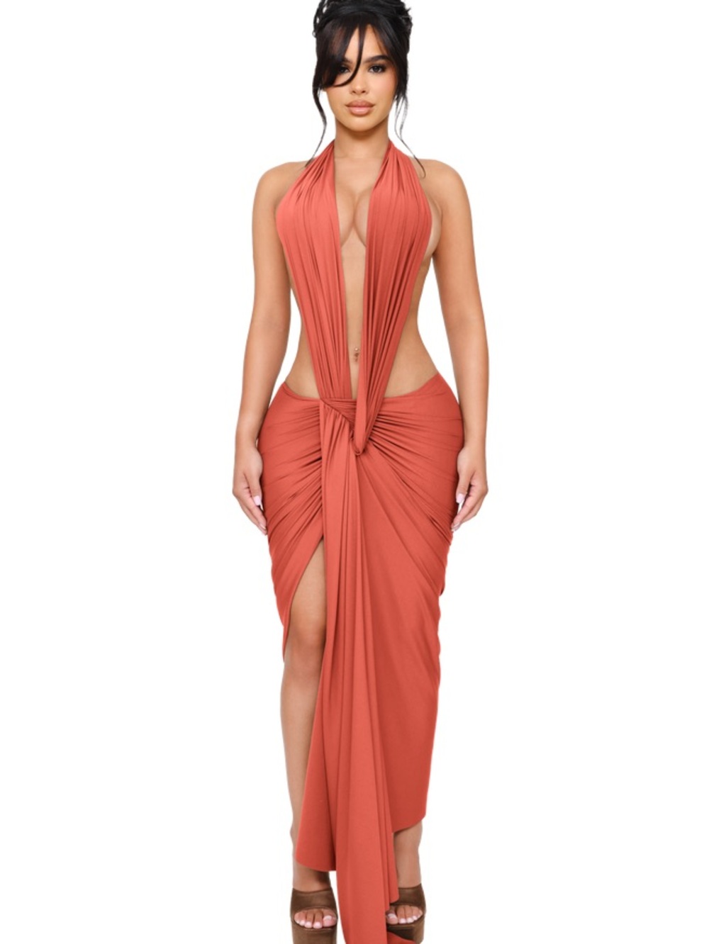 COUCOO DIONÈ HALTER MIDI DRESS - TERRACOTTA GLOW SIZE SMALL
